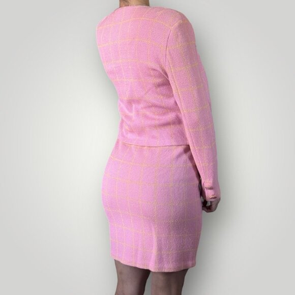 Vintage St John Santana Knit Skirt Suit Set Pink Windowpane Womens 8 USA Preppy - Picture 2 of 8